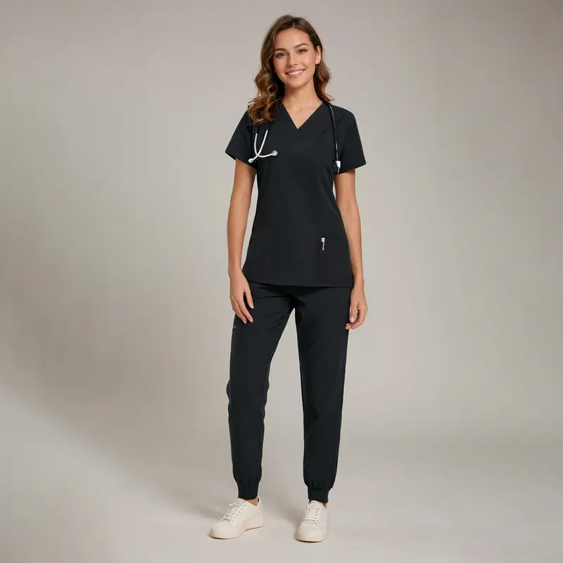 Women's Scrub Set - Flexible V-Neck Top & Jogger Pants Featuring 8 Pockets