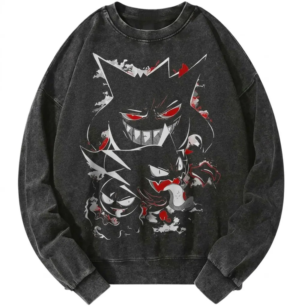 Ghost Monster Wash Sweatshirt, Pkm Monster Battle Anime Ghost Trio Black Red Graphic Design, Gift for Halloween