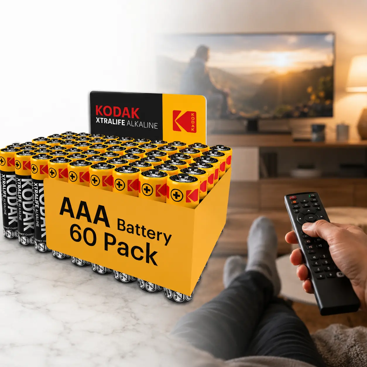 KODAK AAA Alkaline Batteries 60 Pack,1.5V power,1050 mAh,10-year shelf life,109% extra life,long lasting,high drain devices,emergency kit,remote controls,wireless keyboard,wireless mouse,toys,game controllers,clocks,flashlights,cameras,radios,watch,drone
