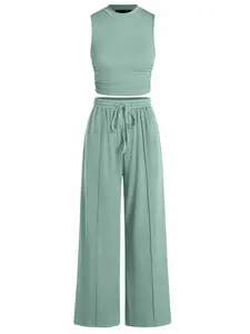 HarSum Women's Summer 2-Piece Outfits - Ribbed Knit Crew Neck Sleeveless Cropped Top & Wide Leg Pants Lounge Set #Outdoorfun