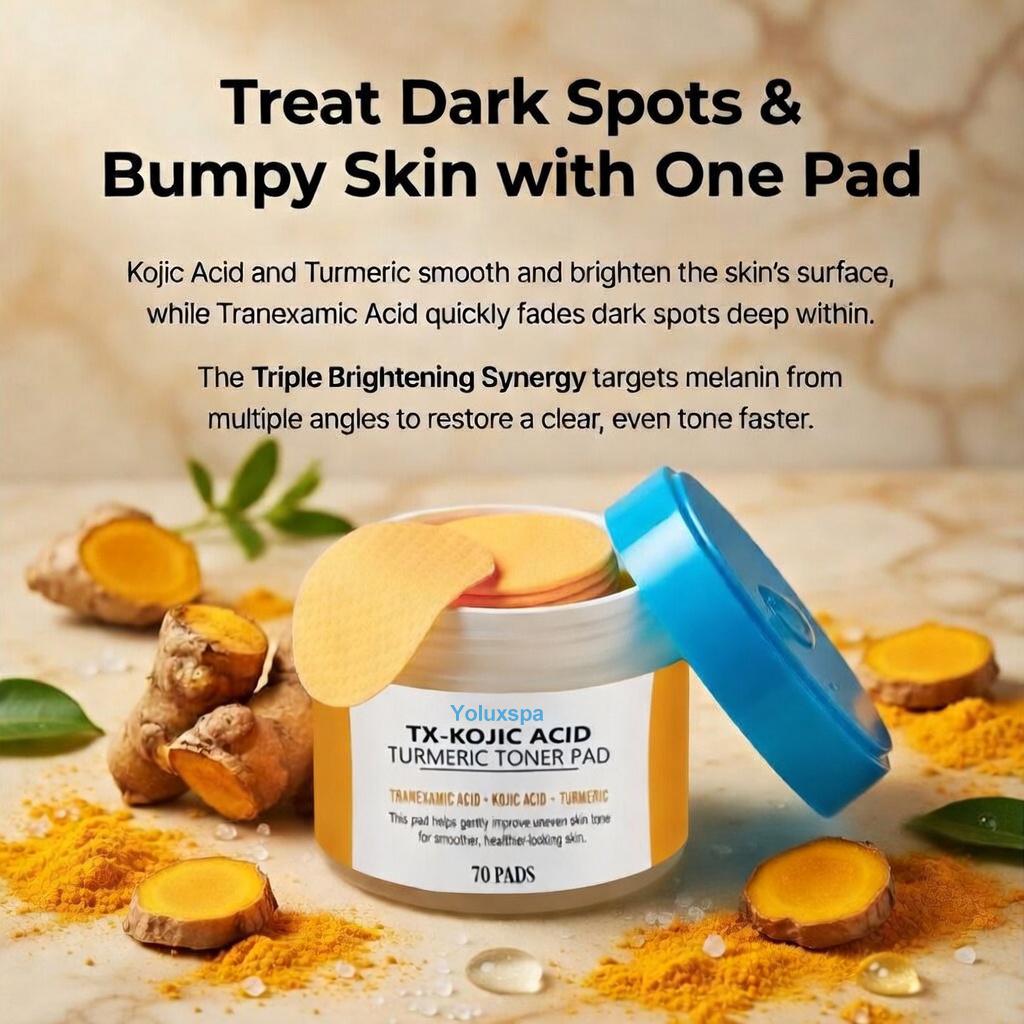 Kojic Acid Turmeric Toner Pads 70PCS – Gentle Exfoliating & Brightening Care for Uneven Skin Tone
