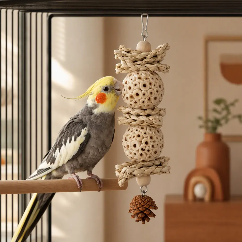 Natural Parrot Chewing Toy Pinecone Sola Ball Hanging Ornament, Small Pets Foraging Gnaw Toy for Budgie, Lovebird, Cockatiel, Hamster and Chinchilla