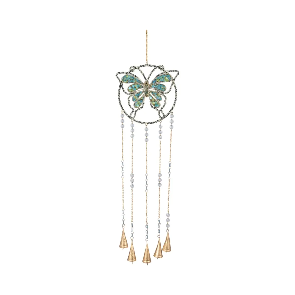 212 MAIN 30 in. Blue & Gold Glass Mosaic Butterfly with Bells - Iron Hangable Animal-Shaped Bells Bright Hanging Decor for Home Decor Supplies, Animal-Shaped Hanging Decor