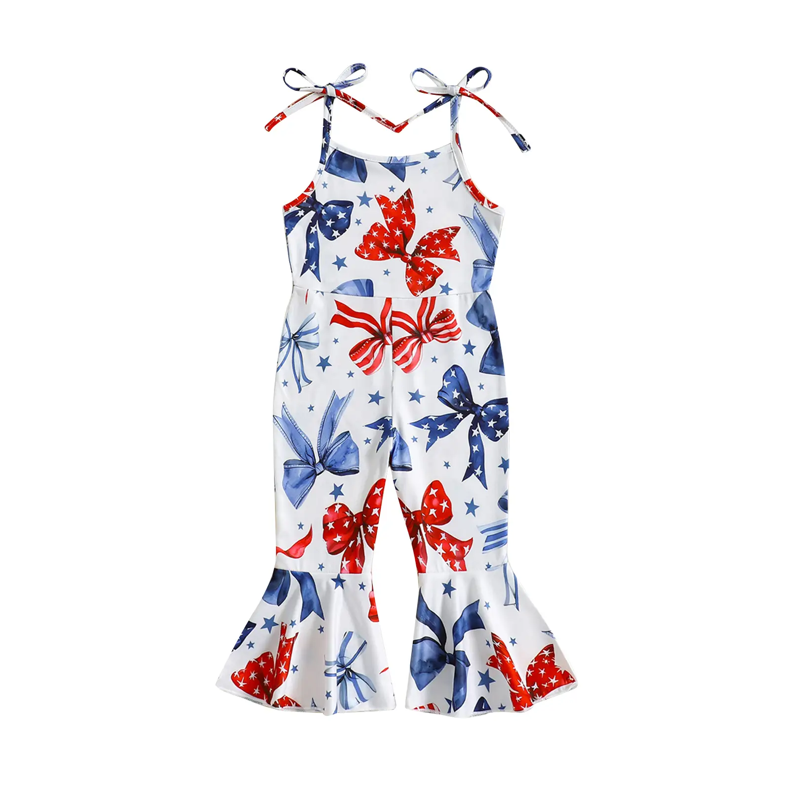 4th of July Toddler Baby Girl Outfits Clothes Summer Romper Casual Bow Print Tie Straps Sleeveless Flared Pants Jumpsuit for Cute Clothes