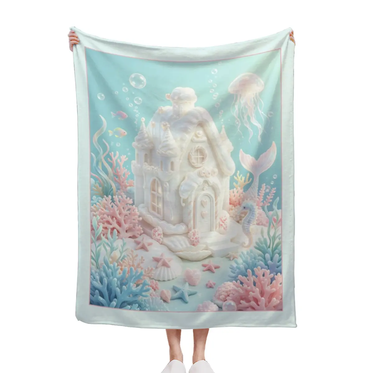 Underwater Mermaid Castle Ocean Pastel Throw Blanket, Under Sea Fairy Tale Girls Dreamy Decor Blanket