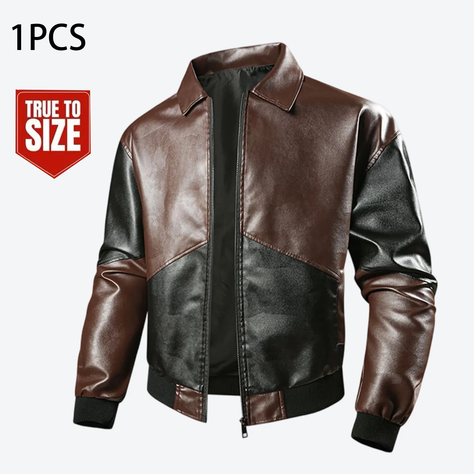 Men’s vintage brown-black patchwork motorcycle leather jacket — riding collared PU leather jacket, street-style trendy outerwear, lightweight jacket, collegiate jacket