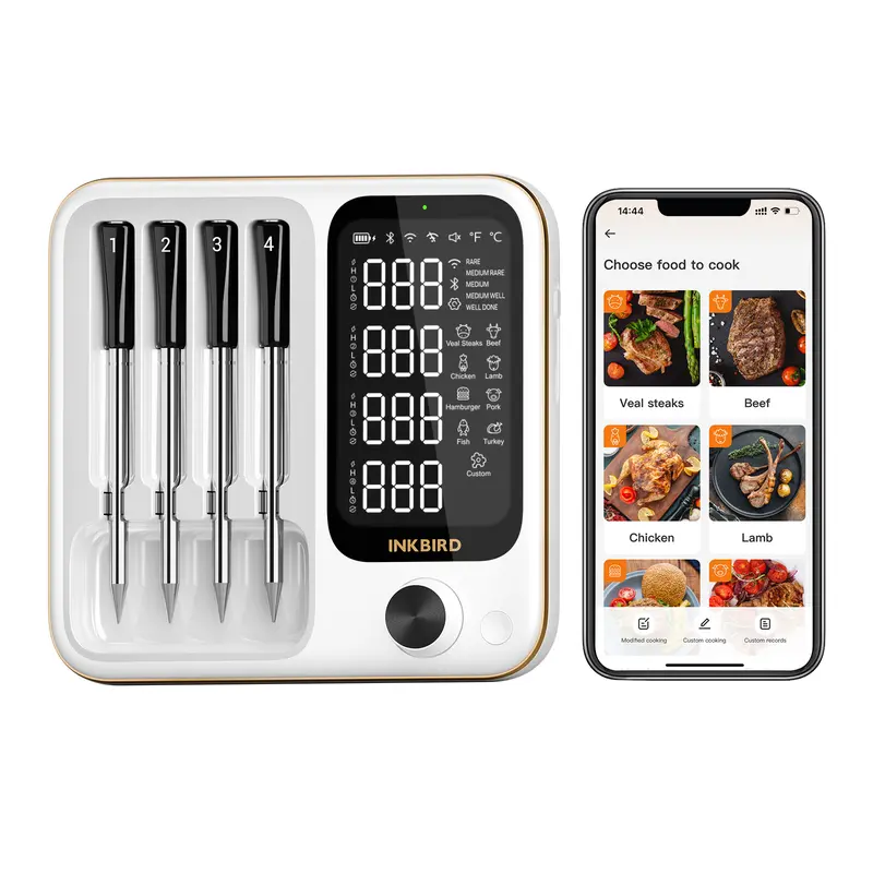 【DealsForYouDays】INKBIRD Wireless WiFi Bluetooth Digital Meat Thermometer - Kitchenware Food Thermometer with 4 Probes, Waterproof LCD, App Presets, 4 Dishes at Once, 25h Probe Runtime for BBQ, Father's Day Gifts, DFYD Restock