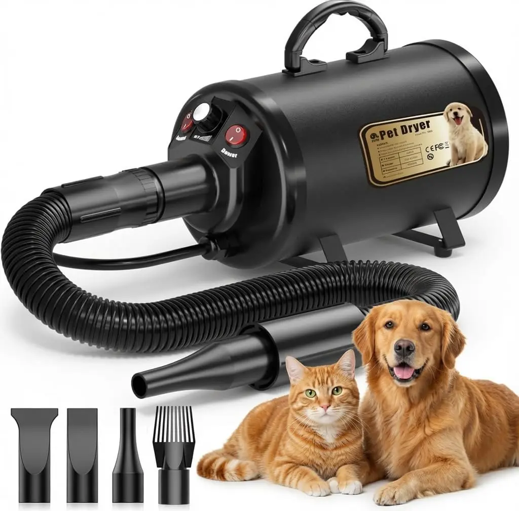 PETNF 4-Nozzle High Velocity Dog Dryer Set, 3.2HP Pet Grooming Blower - Adjustable Speed & Temperature, 25-65 m/s Airflow, 85°F-140°F, 73-in Heat-Resistant Hose, Low Noise, Heat Protection, Fast Drying for German Shepherds, Husky in Grooming Environments,