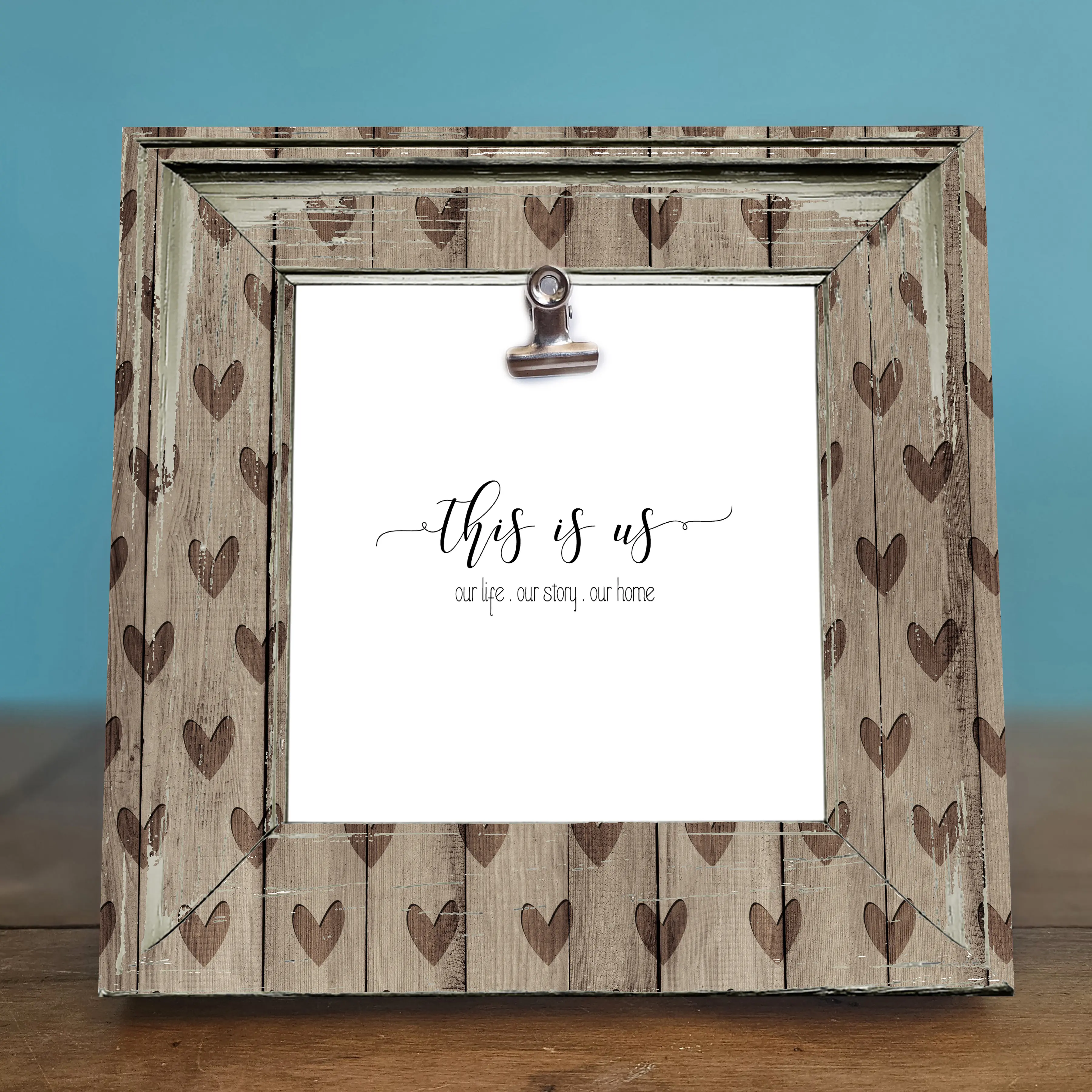 Rustic Shabby Chic Photo Frame - "This is Us" - Perfect Love Gift for Mother's Day, Anniversaries, Weddings & More - 8x8 with 4x4 Photo Insert Decor Light Lightweight Wall