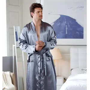 Plus Size Male Sleepwear Kimono Bath Robe Gown Gray Long Sleeve V-Neck Nightwear with Belt Pocket Spring Summer Men Home Clothes