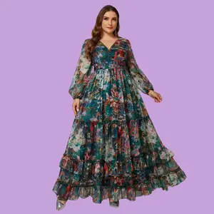 Spring Summer 2024 Plus Size Women's 2-Piece Set – Elegant V-Neck Floral Maxi Dress with Ruffle Sleeves | Casual Beach & Summer Outfit