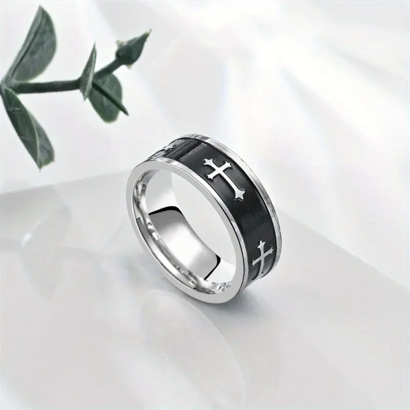 Men's Classic Cross Motif Band Ring, Blackened Solid Metal Finish, Durable for Everyday Wear & Gifting, Cross Motif Rings, Classic Band Rings