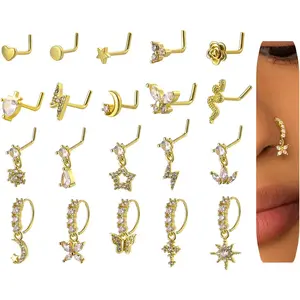 Nose Rings Studs for Women - 20 count 20G Stainless Steel L Shaped Rhinestone Dangling Nose Ring Stud, Dangle Ring Studs CZ Rings Hoops