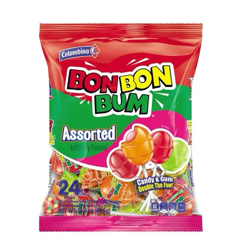 Colombina Bonbonbum Assorted - 24 Individually Wrapped Lollipops with Bubble Gum Center