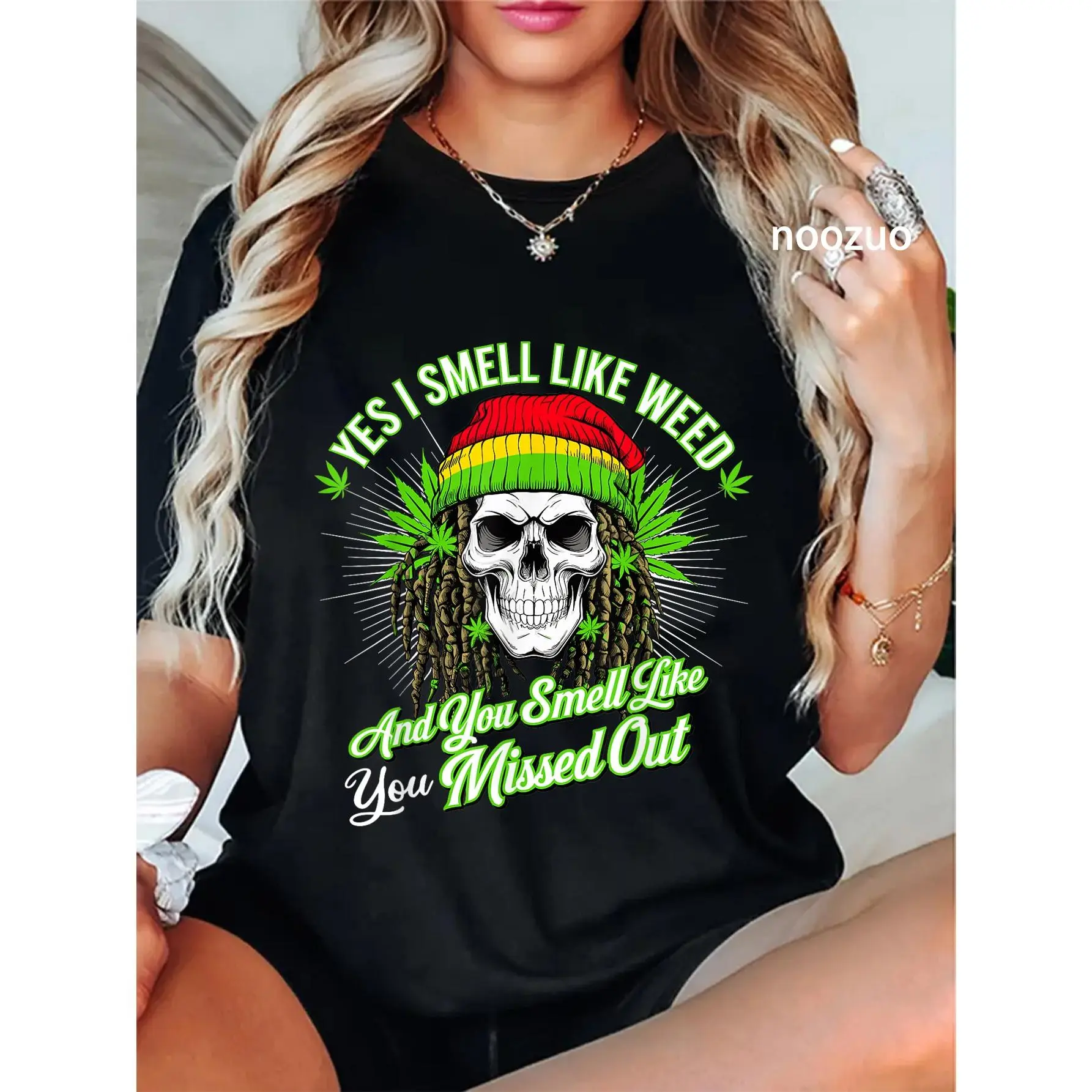 100% Cotton I Smell Like Weed Rasta Skull Smoking Marijuana Cannabis 420 T-Shirt