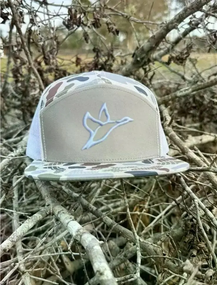 Flying Duck Icon 7-Panel Camo Trucker Hat – Brackish/White Mesh Snapback Hat