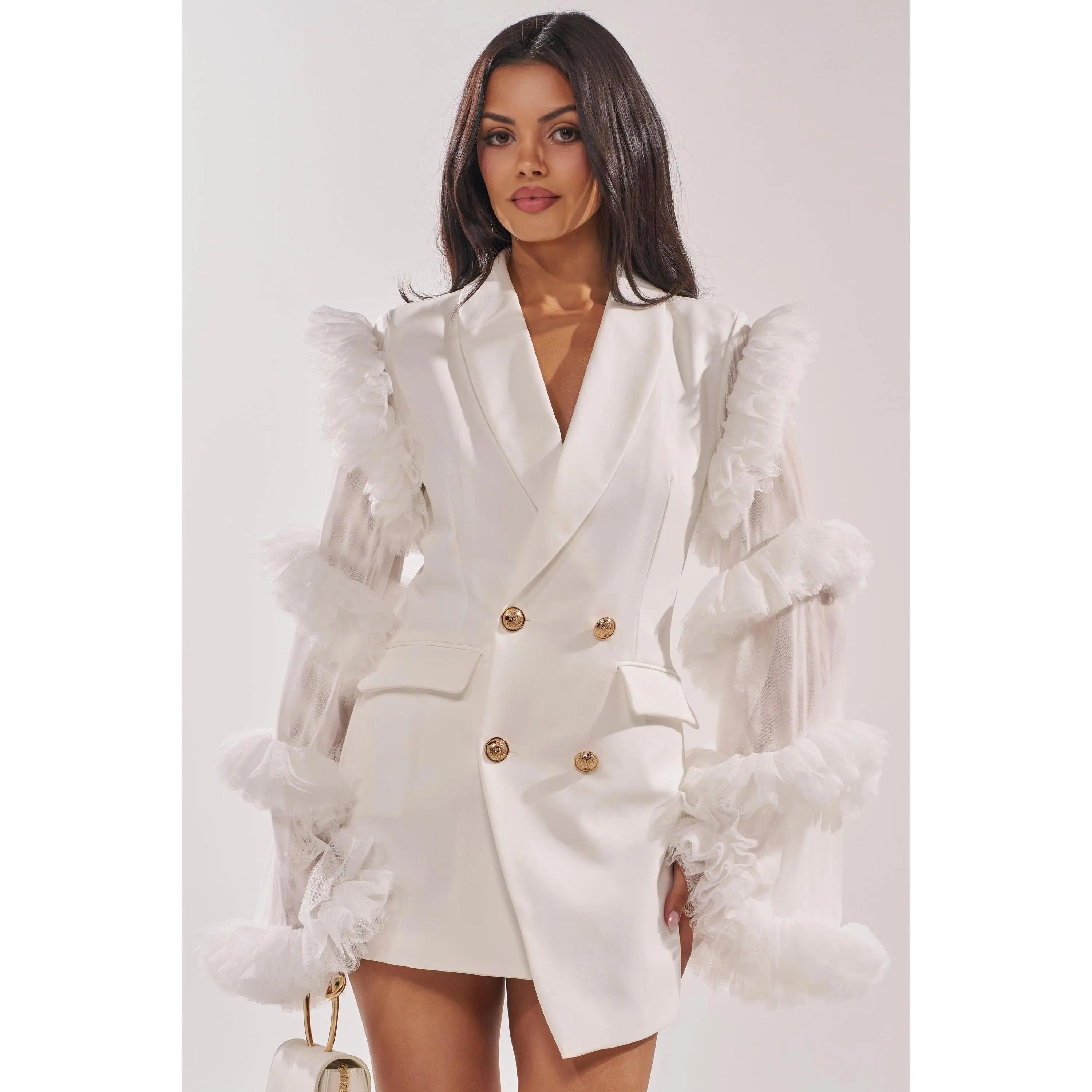 LIVING OVER THE TOP RUFFLE SLEEVE BLAZER MINI DRESS IN WHITE