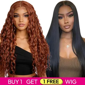 [Blend] Buy 1 Get 1 Free Blended Human Hair Lace Front Wig | 180% Density, Transparent Lace - Limited Offer #350 Ocean Wave Wigs & #1B Straight Hair Wig #SummerVibes