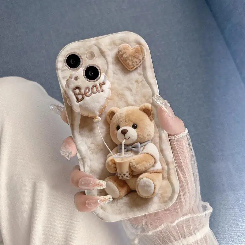 Suitable for iPhone17 16 15 14 13 12 11 PRO MAXPLUS, AIR and XS MAXseries, It's not 3D.Cute pearl milk tea plush bear pattern phone case, silicone soft cover, birthday gift, holiday gift, couple phone case,2D