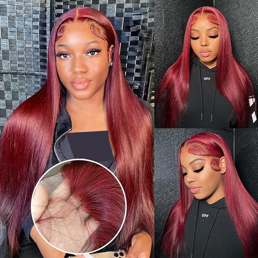 Hot Star 99J Burgundy Wig Human Hair 13x6 Straight Lace Front Wigs Human Hair Pre Plucked HD Transparent Lace Frontal Wigs for Black Women 180% Density Red Colored Body Wave Wig