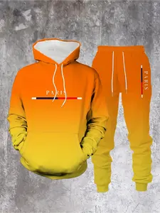 Men's 2-piece casual eyelash set, orange gradual change print hoodie and trousers, polyester 100%, slightly stretch knitted fabric, regular version, spring and autumn weekend wear, with pockets