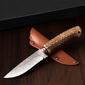 Damascus Pattern Kitchen Knife Chef Knife Steak Knife Razor Sharp Stainless Steel Meat Slicing Cleaver 8.3" Knife with Leather Sheath & Gift Box BBQ Cooking Utility Knife Non-Slip Faux Antler Stag Handle for Beef Tomahawk Fish Veggies Gift for Men Women