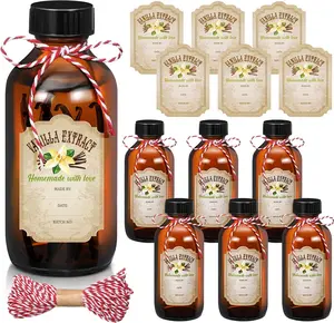 6 Pack  Glass Boston Round Bottles with Caps Brown Vanilla Extract Bottles and 6 count Vanilla Extract Stickers for Syrup  Glass  Storage Canister Set Sauce Beans(4 oz)