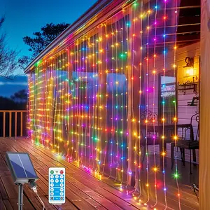 New Upgraded Solar Curtain Lights 600 LED Waterfall Light with Waterproof 8 Modes Remote USB Rechargeable Dimmable Timer Twinkle Fairy String Lights for Outdoor Christmas Gazebo Party Wedding Window