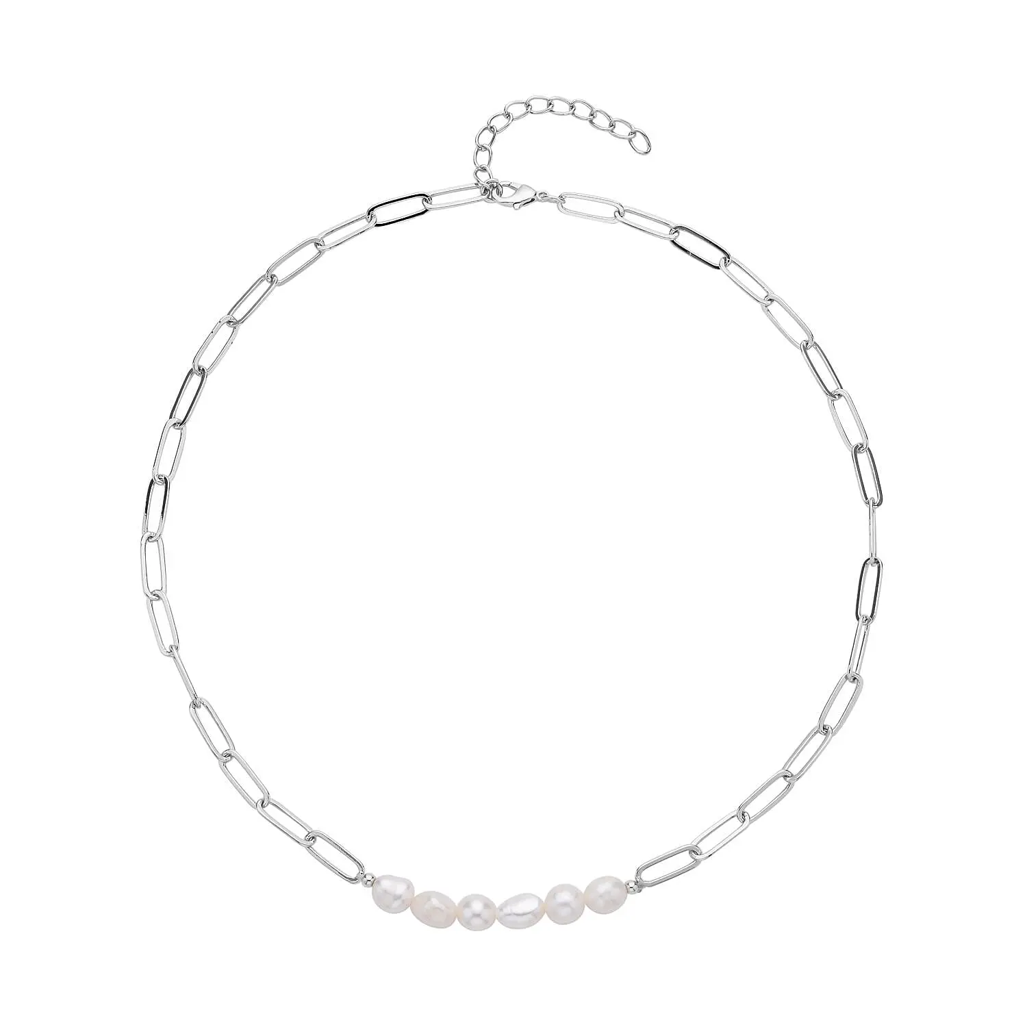 White Freshwater Pearl 7-9mm Paper Clip Chain Necklace 18-20Inches in Silvertone