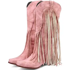 Classic Women Fringe Cowboy Boots Square Toe Mid Calf Embroidered Western Boots Tassel Cowgirl Boots Stacked Heel Retro Boots Footwear Walking Shoes Pink and Green tall western boot