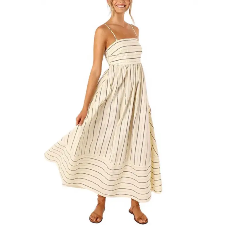 Women's Striped Back Smocked Spaghetti Strap Maxi Dress - Cute Lady Style,  Adjustable Elastic Smocking, Lightweight Premium Fabric, Sexy Cut Out,  Flowy Swing, Vintage Casual Beach Wear - TikTok Shop