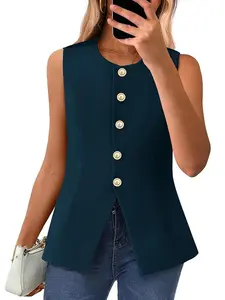 BTFBM Summer Sleeveless Blazer Vest For Women Dressy Button Down Round Neck Business Casual Outfits Work Vests Tops