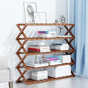 Bamboo Shoe Rack 5 Tier Multifunctional Free Standing Shoe Shelf Foldable Shoe Rack Entryway Storage Organizer for Hallway Bathroom Living Room Bedroom, Balcony