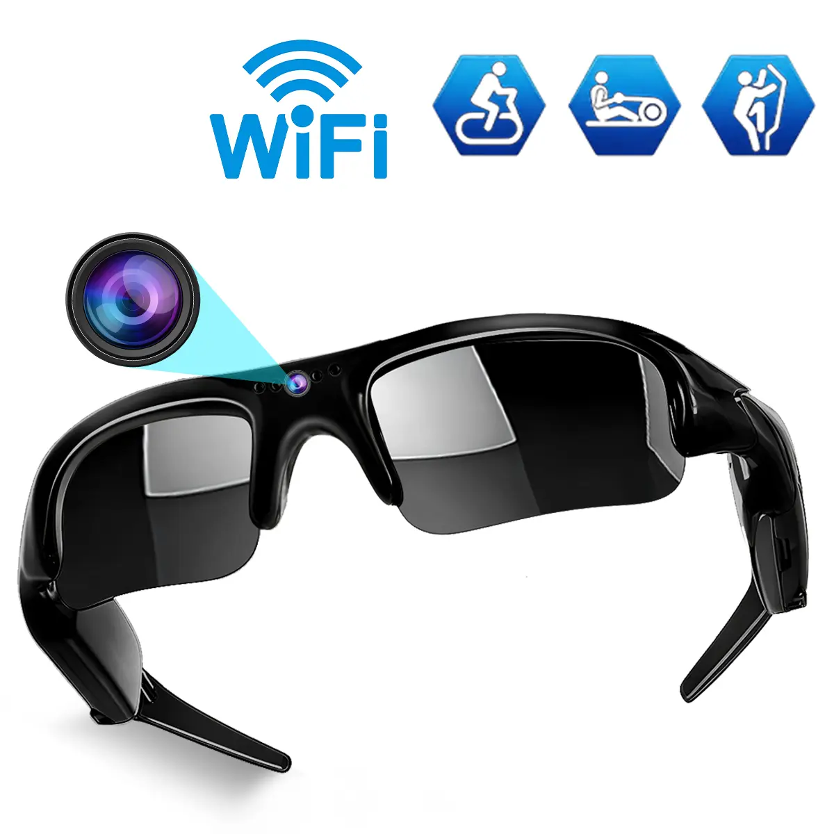 All‑in‑One Sports Camera Glasses, 1080P HD Recording Sunglasses, Comfortable Wear Design, WiFi Real‑Time Transmission, Smart Sunglasses with Camera, For Outdoor, Travel, Daily Use