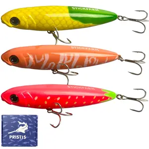 Pristis StickFarm 3pcs Float Stick Ploppers, Topwater Bass Fishing Lures Saltwater & Freshwater, Pencil Poppers with Delicate Coating & Quality Hook