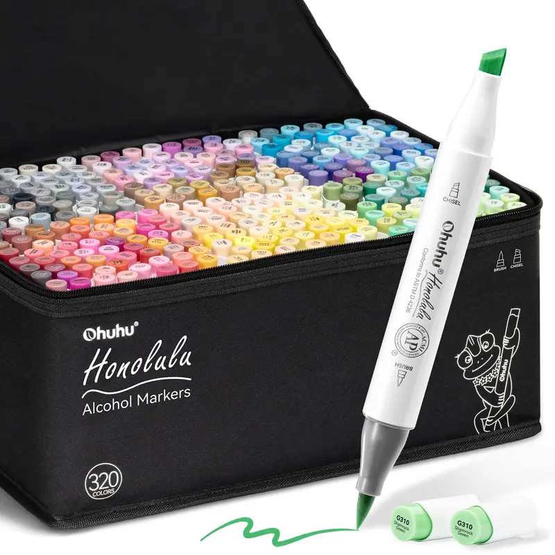 Ohuhu Alcohol Markers: Brush & Chisel - 320 Colors - Refillable - Double Tipped Alcohol-based Art Sketch Marker Set for Artist Adults Coloring Illustration - Honolulu Series of Ohuhu