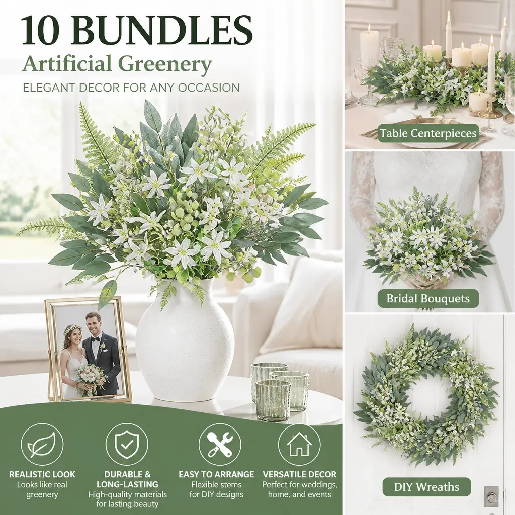 70-Pack Silk+Plastic Faux Greenery Stems Variety Pack (8 Varieties) - Bend, Cut, Arrange Artificial Decor for DIY Lovers' Wedding Bouquets, Home Decor - Mid-Year Sale Deals