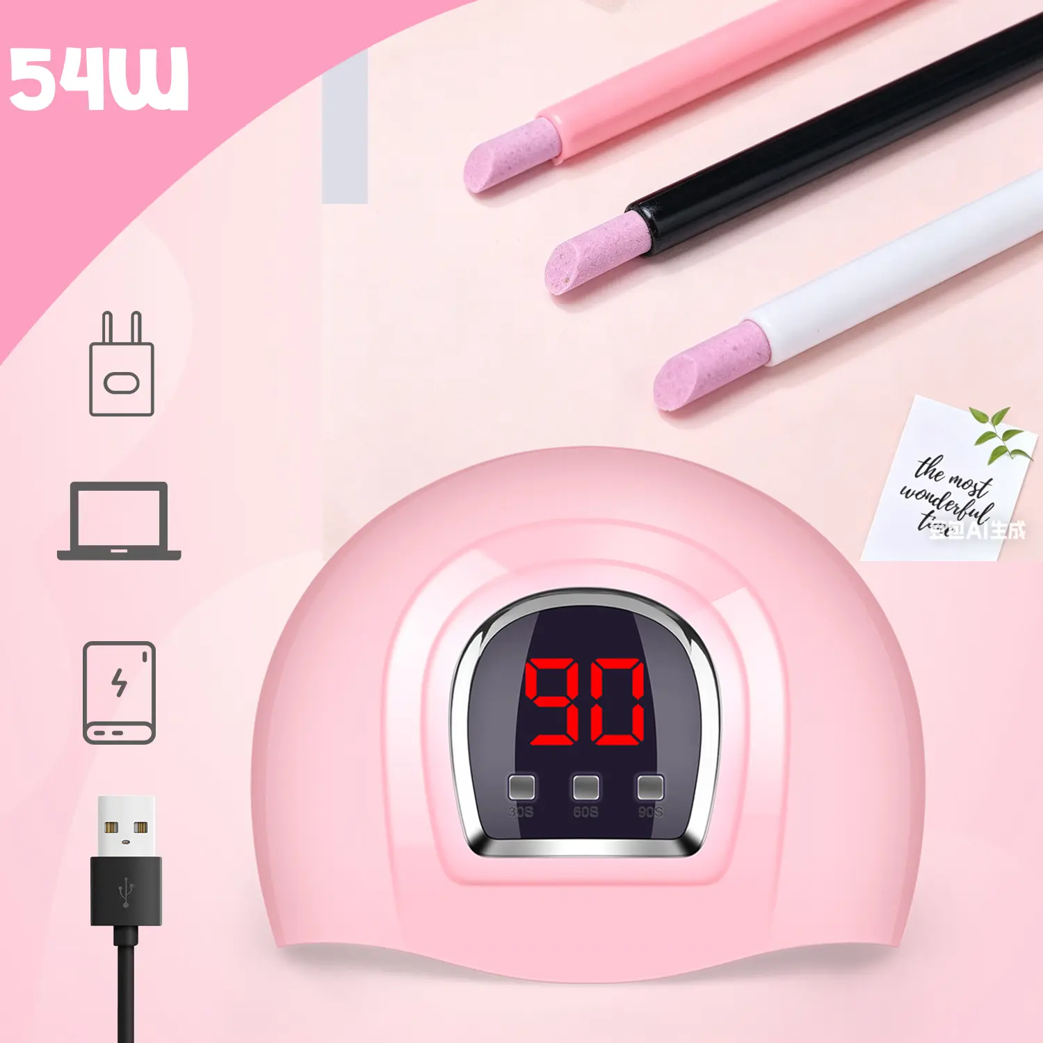54W UV LED Nail Curing Lamp Kit Set, 18 LED Beads, 3 Timer Settings, USB-Powered Portable Dryer with 3 Nail Cuticle Grinding Pens for Home DIY Manicure Pedicure
