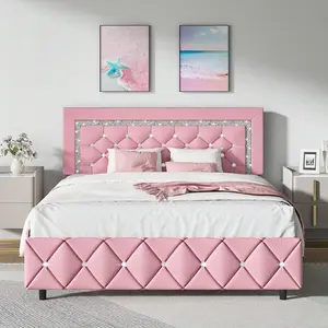 Twin/ Full/ Queen/ King Size Bed Frame, Upholstered Bed Frame With Diamond Headboard And Footboard, Pearl White/ Beige/ Black/ Grey/ Pink/ Purple/ Green
