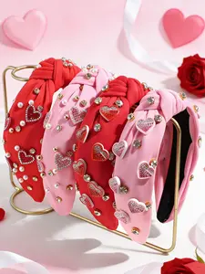 Valentine's Day Sweet Heart Hairband, Women's Sparkling Rhinestone Pearl Bow Headband, Fashion Hair Accessory, Girl Gift, Bling Hair Headband