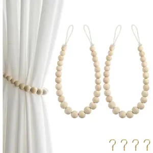 2 Pcs Boho Curtain Tiebacks, Wood Beads Curtain Holdbacks, Outdoor Farmhouse Tie Backs for Curtains, Curtain Holders for Drapes Home Office Decor with Hooks(Wood Color)