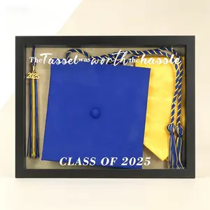 Class of 2025 Graduation Cap Shadow Box 12.5x16.5 The Tassel Was Worth The Hassle Black Frame Commemorative Display Graduate Gift Party Decoration Reusable Keepsake for Diploma or Memorabilia