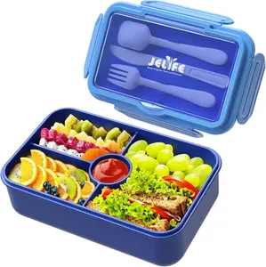 Bento Lunch Box for Kids - Leakproof Large Bento-Style with 4 Compartments Portions Lunchbox with Tableware Back to School, Reusable On-the-Go Meal and Snack Packing, Blue
