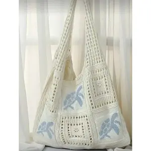Boho Style Polyester Material Summer Beach Handbag, Fashionable Bohemian Bag, Turtle Pattern Crochet Design Large Capacity Open Top Bag