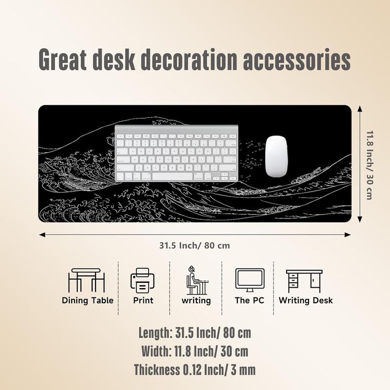 Japanese Sea Wave Gaming Mouse Pad, Anime Gaming Mousepad, Extended Kanagawa Mat Desk Mat, Large Desk pad 31.5x11.8 Inch 3mm Thick Long Non-Slip Rubber Base Mouse Pads (Black)