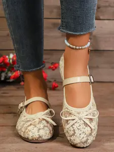 Elegant French Style Fairy Mary Jane Shoes, Square Toe Ballet Mesh Flat Single Shoe, Women's Fashion Footwear for All Seasons