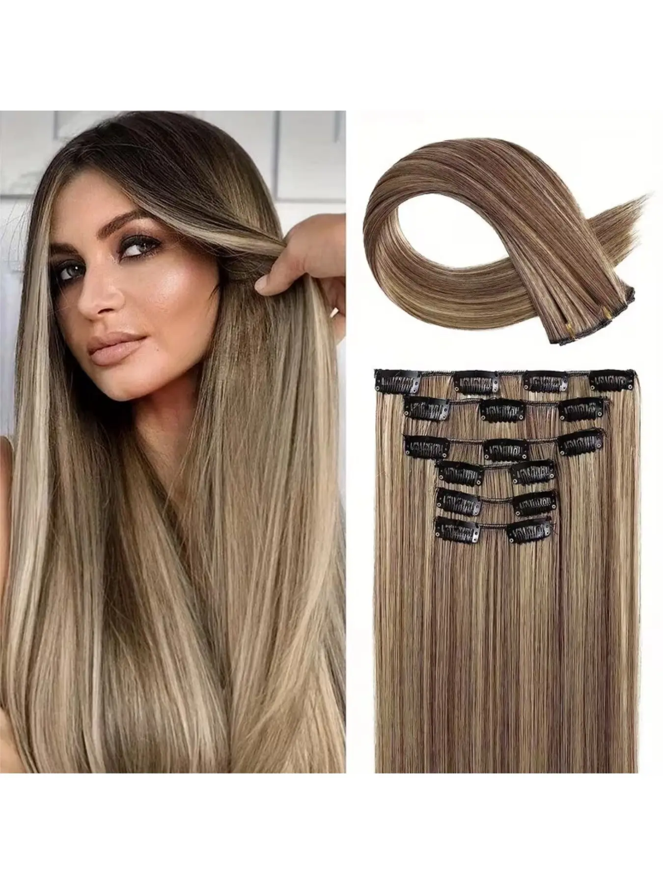24-Inch Straight Synthetic Fiber Hair Extensions, Straight Synthetic Fiber Hairpieces, 6-Piece Set, 16 Clip-, Lightweight, Medium Length, Women's Wig, All Seasons