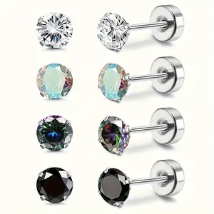 4 Pairs of Minimalist Stainless Steel Silvery Four-Prong Multicolor/AB/Round Synthetic Zirconia Stud Earrings