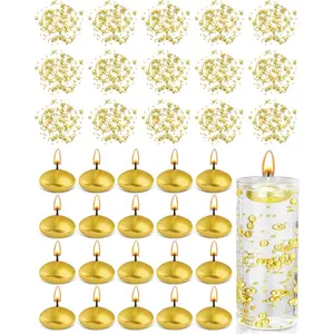 40 Pcs Gold Floating Candle & Pearl String Set: 20 Unscented Wax Tealights (1.5") & 20 Faux Pearl Chains (4.4ft), Elegant Vase Filler for Wedding Centerpiece, Bridal Shower & Gala Dinners Decor