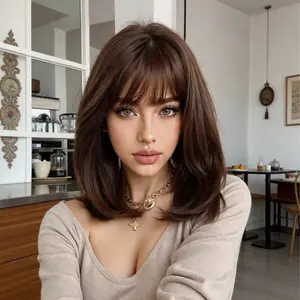 Creamily 12 inches Brown Wig with Bangs Straight Short Bob Wigs Heat Resiatant Matte Fiber Synthetic wig glueless
